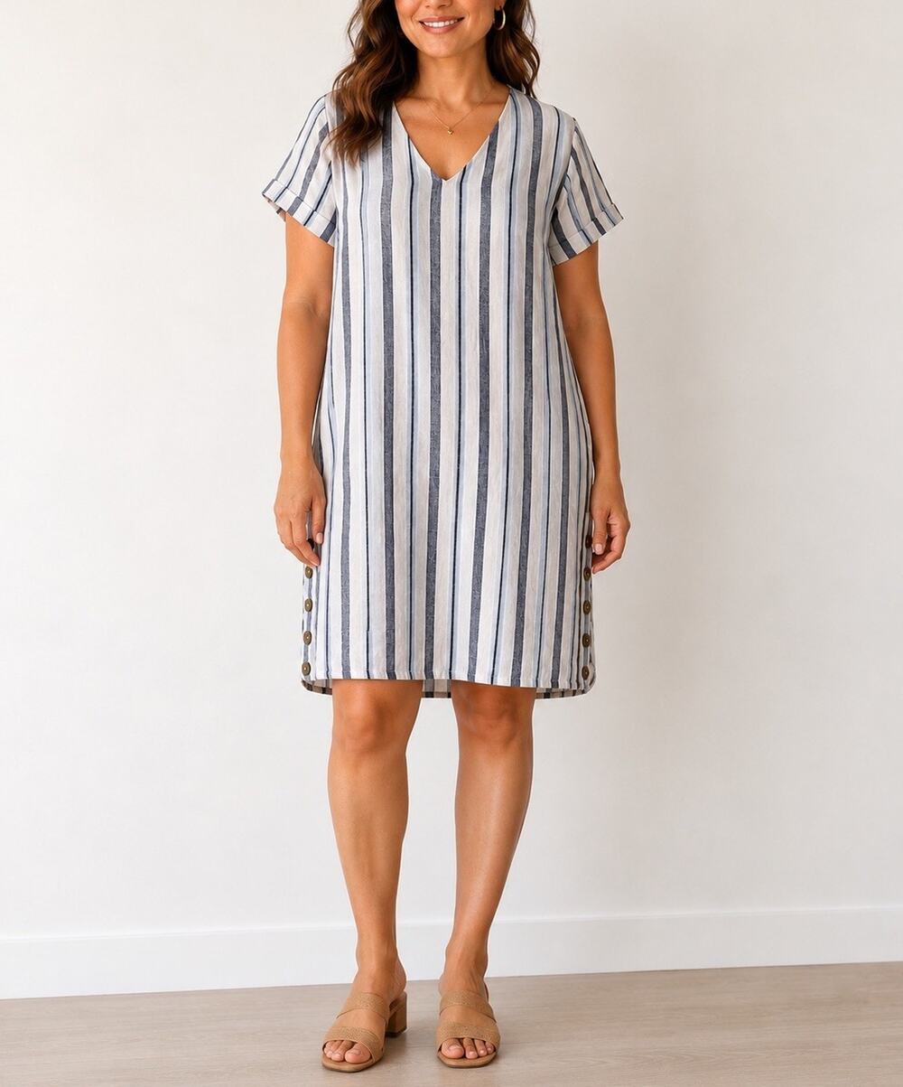 Madewell 100% Linen Striped Shift Dress XXL Blue White V-Neck Side Buttons